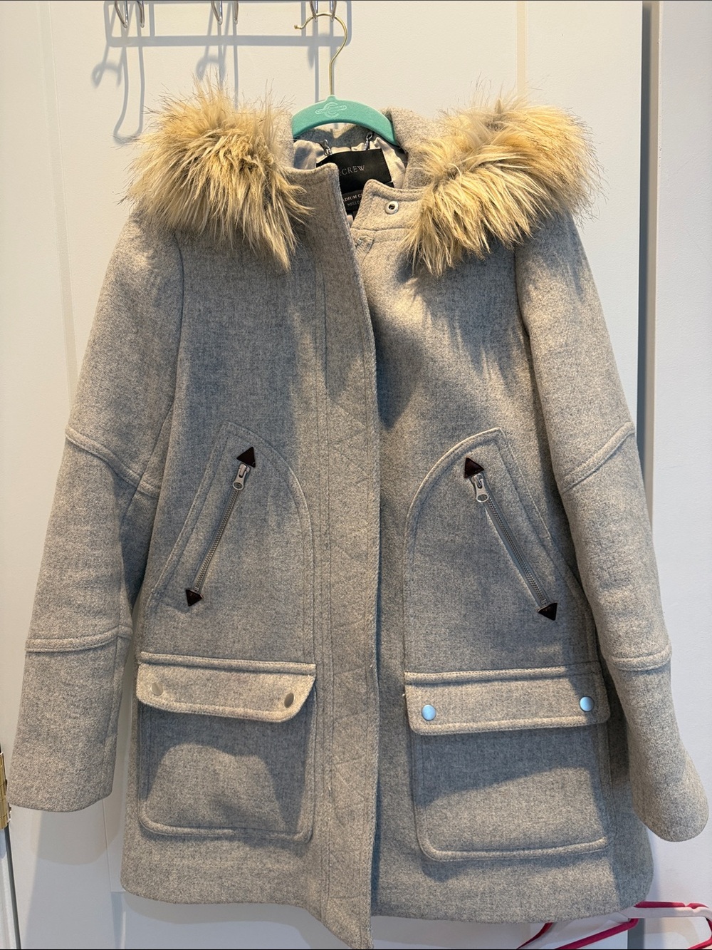 J. Crew Light Gray Stadium Cloth Coat with removable Faux Fur Trim